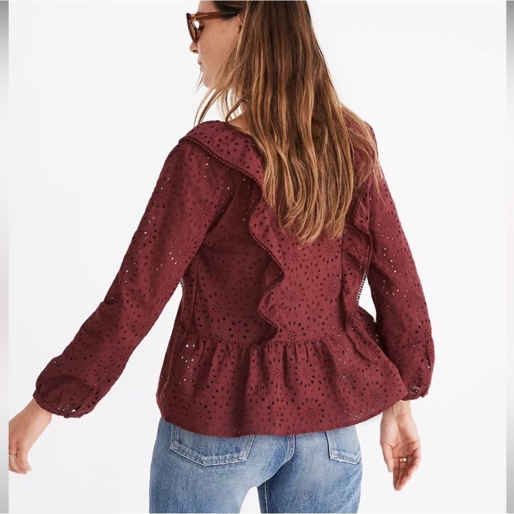 Madewell Long Sleeve Maroon Eyelet Detailed Blouse Size Small - Picture 3 of 11